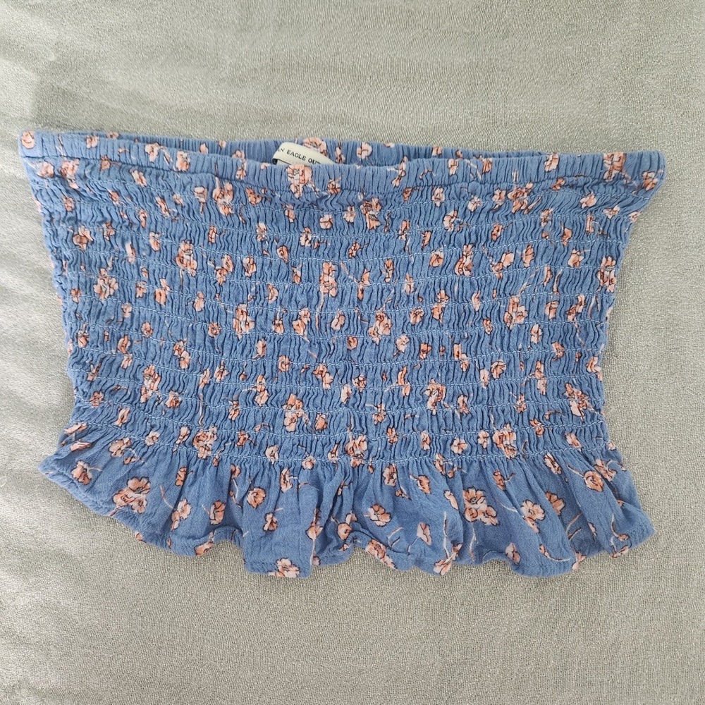 American Eagle Blue Floral Smocked Tube Top Ruffle Hem‎ Womens XS Ditzy Cottage